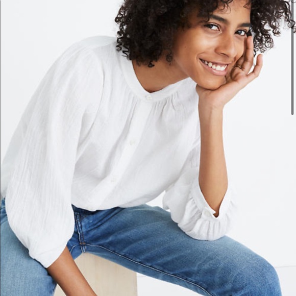 Madewell Tops - SOLD Madewell White shimmer stripe peasant shirt